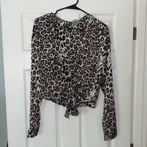 Satin Leopard Print Tie-Front Blouse